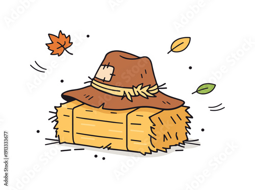 Scarecrow Hat on Hay. Harvest season accessory. A scarecrow hat placed on a hay bale with simple leaf shapes floating around, calm autumn rhythm. Editorial