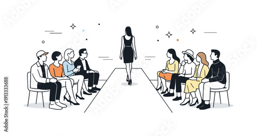 Fashion week audience. Viewers seated along the runway, watching the show with calm attention and interest. Stylish atmosphere, simple