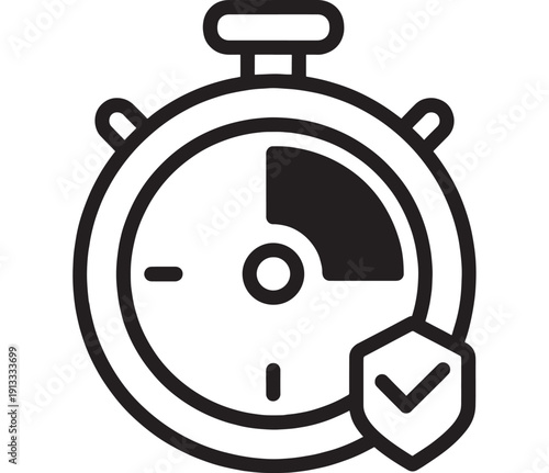 Stopwatch security icon showing time tracking and verified protection symbol, minimalist black outline on white background for apps, dashboards, UI and business workflows
