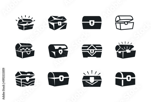 Treasure box. Icon set. Set Logo of treasure box: abstract treasure container. harmonious logo variations of the same emblematic concept,