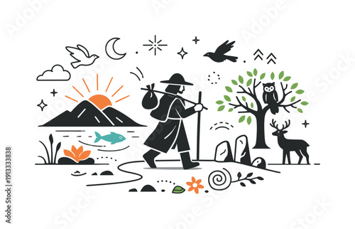 Myths and legends illustration. A hero or figure from folklore moving through a symbolic landscape, gentle sense of journey and meaning.