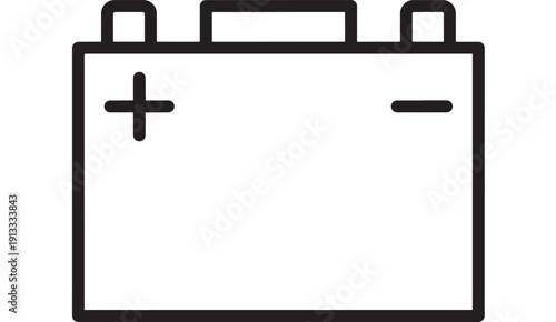 Car battery icon in black outline style, simple automotive accumulator symbol with positive and negative terminals, isolated on white background for UI and signage