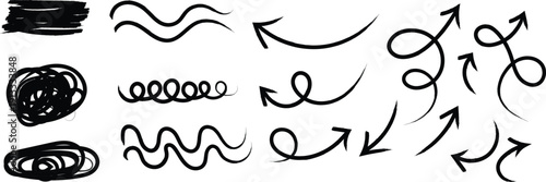 A collection of various hand drawn black squiggles and arrows on a white background