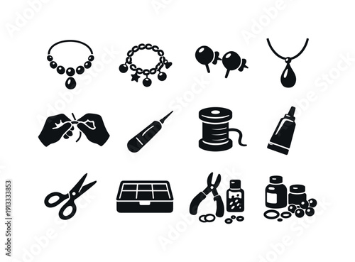 DIY Jewelry Craft. Solid icon set of DIY Jewelry Craft: handmade necklace, charm bracelet, stud earrings, pendant necklace, bead bracelet,