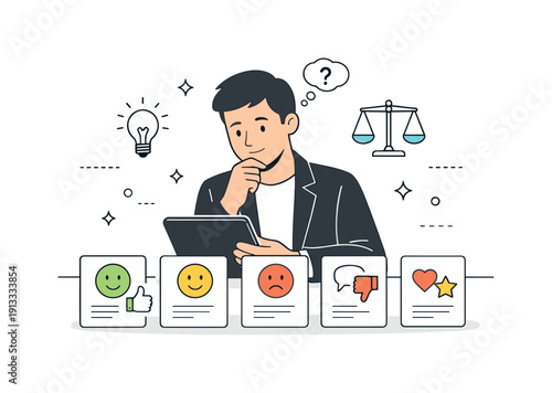 Emotion-Aware Leadership. Emotion-aware decision making. Leader reviewing feedback cards and emotion icons on a tablet, thoughtful and focused mood. Balance