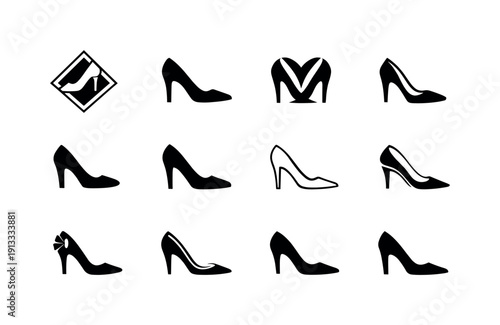 Old Hollywood glamour. Icon set. Set Logo of old Hollywood glamour: classic high heels. harmonious logo variations of the same emblematic