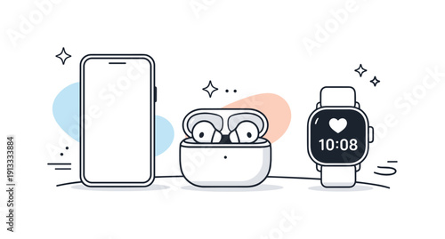 Minimalist tech gadgets overview. Calm editorial scene featuring a small collection of modern gadgets like a smartphone, wireless earbuds,