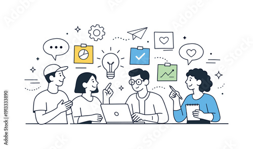 Creative Collaboration Hub. Creative collaboration hub. Multiple avatars exchanging ideas with floating notes and symbols around them. Friendly innovation,