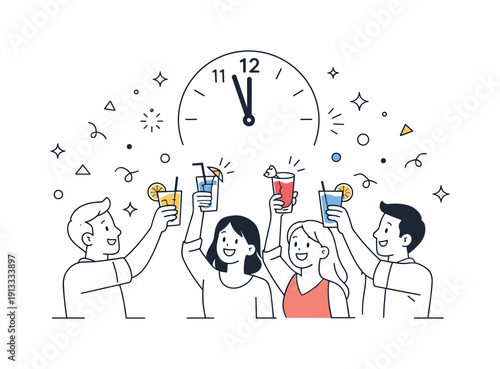 Countdown Cocktails Celebration. Countdown party moment. Friends raising cocktails and mocktails as the clock approaches midnight. Shared excitement, smiles