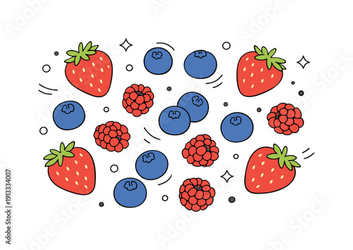Berry Bliss Arrangement. Fresh berry assortment. Strawberries, blueberries and raspberries arranged carefully from top view, emphasizing freshness and natural