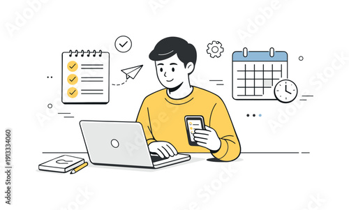 Efficient Workflow Essentials. Productivity tools and apps on phone and laptop. A person working between a laptop and smartphone with task lists and calendar