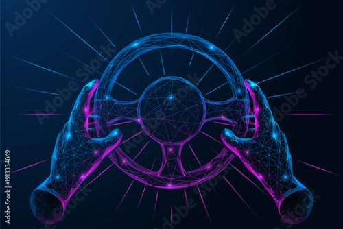 Autonomous transport management. Virtual hands hold the digital steering wheel of the car. The concept of innovative driving, autonomous systems and controls in the era of artificial intelligence.