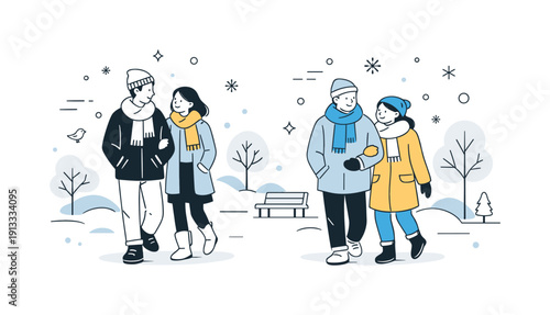 Outdoor winter activities with people. Characters walking together in a snowy park, wearing scarves and coats, calm winter mood. Gentle