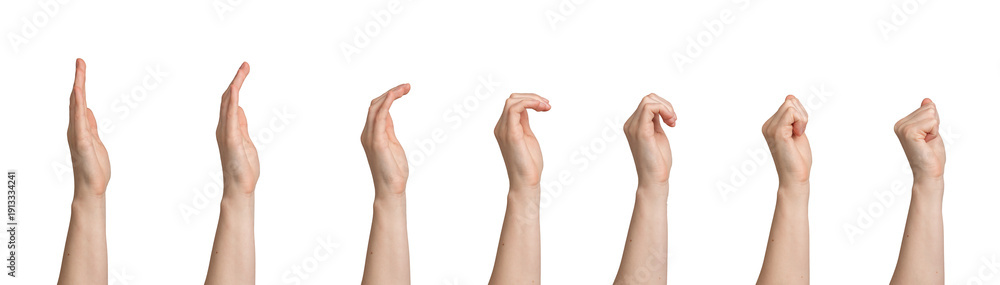 custom made wallpaper toronto digitalSequence of female hand curling fingers isolated on white background. Young woman arm showing progressive finger movement from open palm to fist. Animation reference, gesture transition,