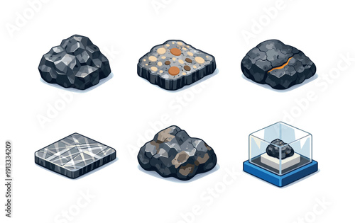 Meteorite Rock Icon Set. Meteorite Rock Sample. Isometric flat vector icons set of Meteorite Rock Sample: iron meteorite chunk, stony meteorite slice, fusion