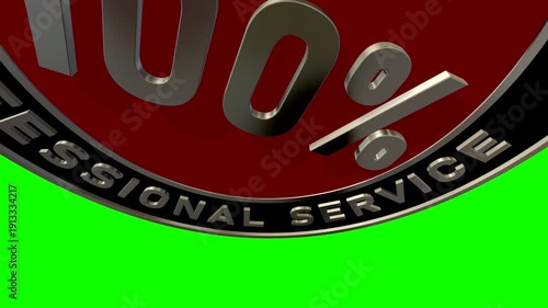 Golden 3D Best Quality and Professional Service Round Label with Red Center 100 Percent Sign for Business Marketing. On  green screen. Chroma key