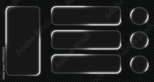 Liquid glass smartphone icon interface isolated for dark theme. White ui light frame square and circle banner with glow stroke. Control center widget for smartphone 