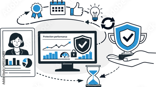 Analytical Protection Display. Modern minimal flat vector conceptual collage, crisp hard edges, consistent THIN outline stroke,