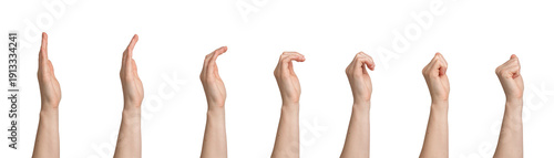 Wallpaper Mural Sequence of female hand curling fingers isolated on white background. Young woman arm showing progressive finger movement from open palm to fist. Animation reference, gesture transition, Torontodigital.ca