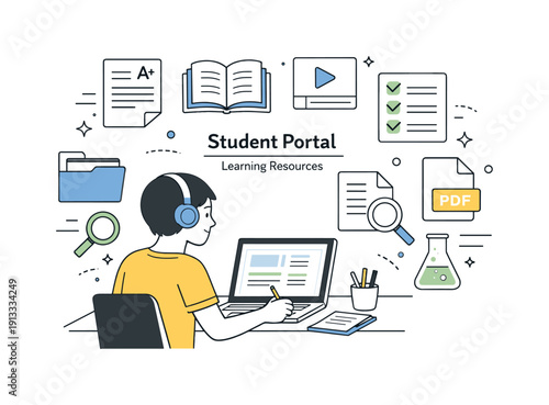 Digital Learning Hub. Student portal learning resources. Student browsing study materials and documents in an online portal, files and icons floating in an