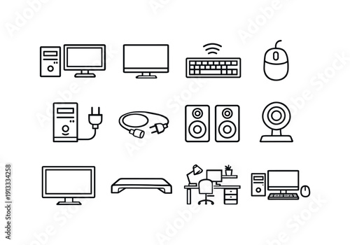 Personal Computer. Line icon set of Personal Computer: home PC, flat monitor, wireless keyboard, optical mouse, desktop tower, power cable,
