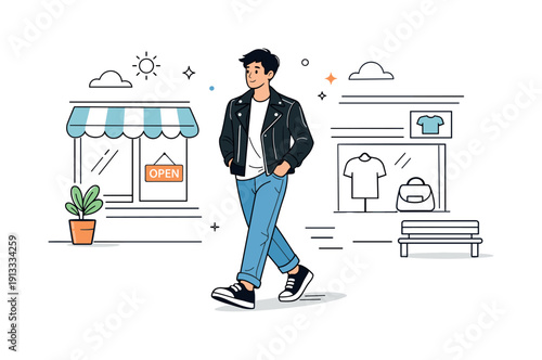 Urban Chic Stroll. Modern street style. A stylish character walking past storefronts wearing a leather jacket and jeans, hands in pockets and relaxed pace.