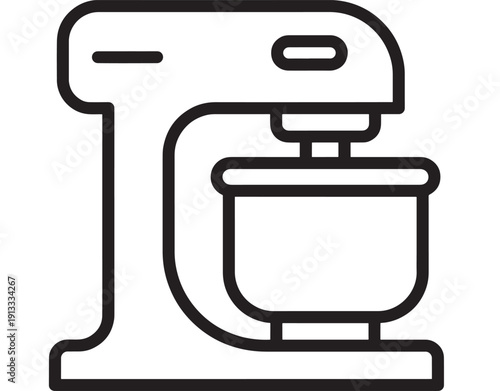 Stand mixer icon in bold black outline, kitchen appliance for baking and cooking, simple line art symbol isolated on white background for UI, app and web design