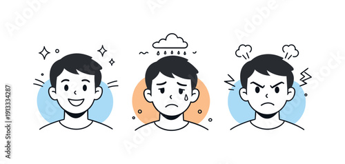 Range of emotions. A simplified portrait showing three emotional states side by side, highlighting how facial expressions communicate inner