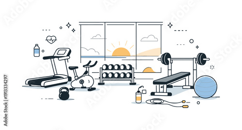 Gyms early morning emptiness. Empty gym floor with clean equipment neatly aligned, soft sunrise light coming through large windows. Calm and