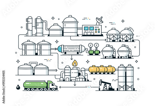 Petroleum Processing Schematic. Petroleum processing layout. A top-down schematic showing tanks, pipelines, and control units arranged in a logical grid. Sense