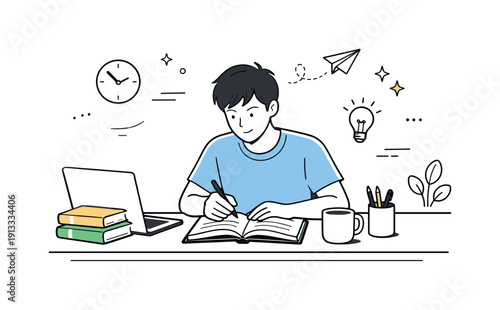 Quiet student study session. A young adult sitting at a simple desk with books and a laptop, studying calmly in a peaceful room. The scene