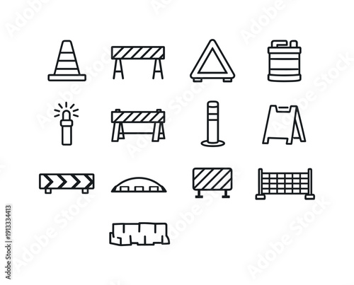 Road Safety Equipment. Line icon set of Road Safety Equipment: traffic cone, striped barricade, warning triangle, safety drum, road flare,