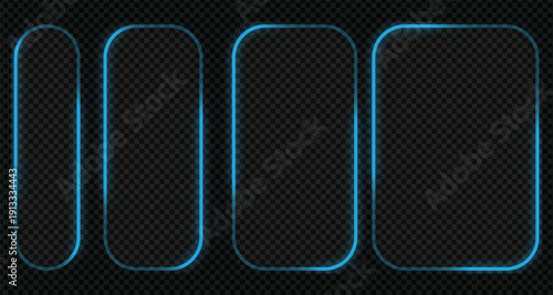 Liquid glass smartphone icon interface isolated for dark theme. White ui light frame square and circle banner with glow stroke. Control center widget for smartphone and web app,