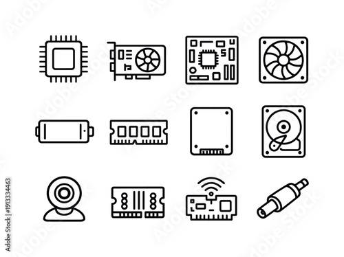 Laptop hardware. Line icon set of laptop hardware: processor chip, graphics card, motherboard, cooling fan, battery, ram module, ssd drive,