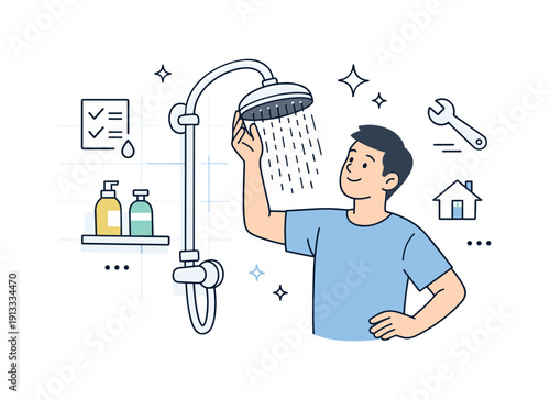 Home maintenance routine. A person checking the shower head after installation, with water flowing lightly to test it. The scene communicates