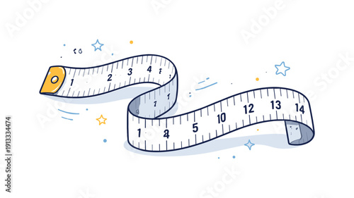 Measuring tape. A flexible measuring tape gently curved in space, showing clear markings and a sense of precision. The scene suggests