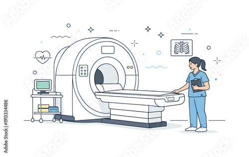 Modern Medical Imaging. Medical imaging devices. A calm hospital room with a modern imaging machine and a healthcare professional preparing the scan, showing