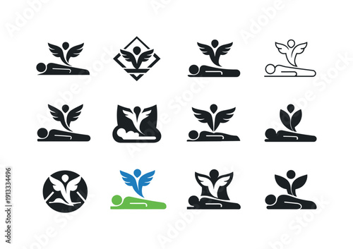 Deceased. Icon set. Set Logo of deceased: passing soul symbol. harmonious logo variations of the same emblematic concept, each with different
