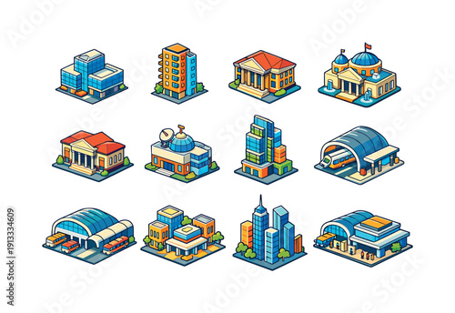 City architecture. Colorful isometric vector icons set of City architecture: modern office block, tall condo, public library, civic center,