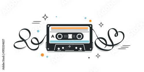 Retro Cassette Artistry. Cassette tape flat lay. A vintage cassette tape centered on a clean background with loose tape forming soft shapes around it, evoking