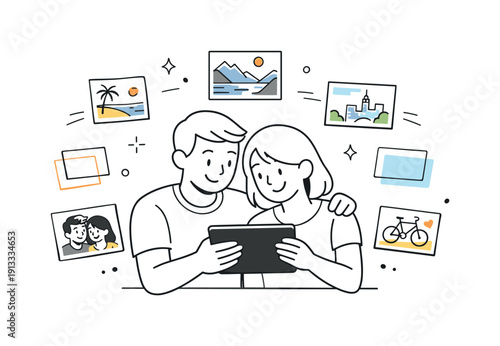 Photo memories. A couple reviewing photos on a tablet, reminiscing about a trip while small   thumbnails and abstract frames hover