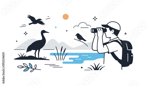 Ornithological tourism concept. A birdwatcher quietly observing rare birds through binoculars in a remote natural habitat. Calm, respectful