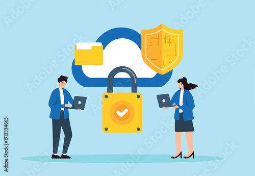 Flat illustration of two people configuring secure cloud storage to ensure data integrity and prevent unauthorized access to online files