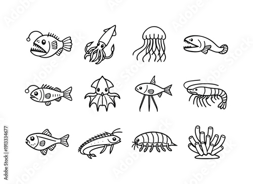 Deep sea creatures. Line icon set of Deep sea creatures: anglerfish, giant squid, deep sea jellyfish, gulper eel, lanternfish, vampire squid,
