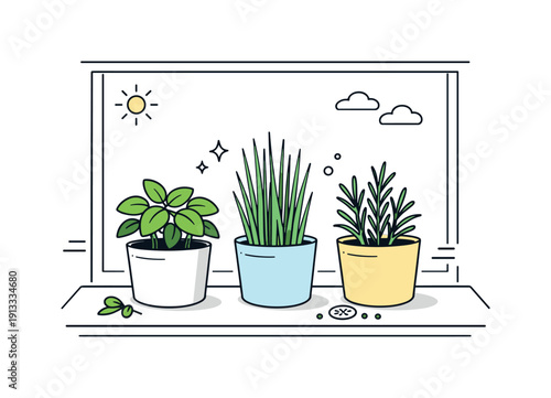 Herb pots on windowsill. Minimal ceramic pots with growing herbs placed near a window, suggesting natural light and quiet morning routine.