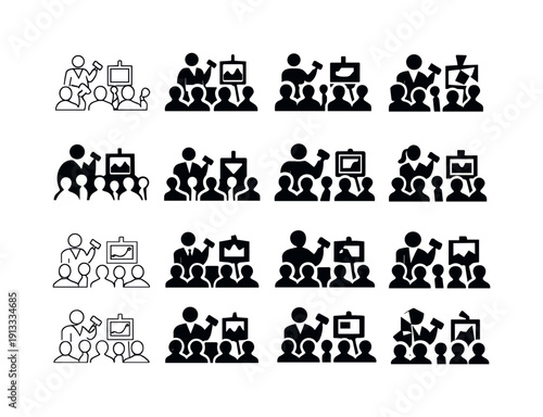Attending an art auction. Icon set. Set Logo of Attending an art auction: luxury art sale scene. harmonious logo variations of the same