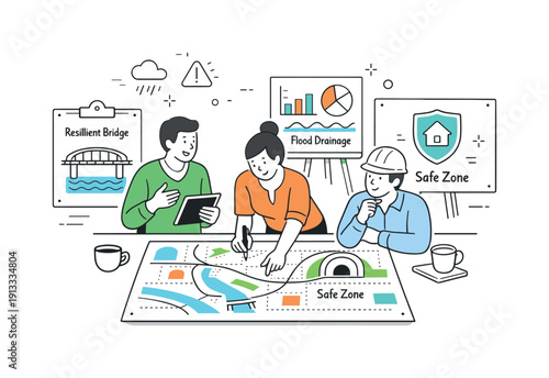 Disaster-ready infrastructure planning. Urban planners discuss maps and data showing resilient bridges, drainage systems, and safe zones. The