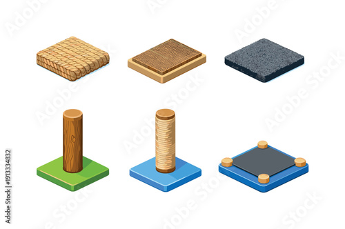 Scratching materials. Isometric flat vector icons set of Scratching materials: sisal rope texture, cardboard scratch pad, carpet scratching