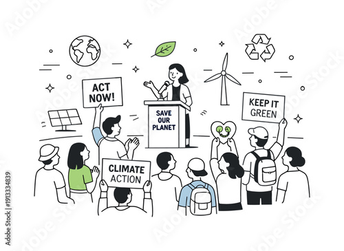 Environmental awareness rally. People gathered in an open space, listening and sharing messages about climate responsibility. Icons of earth,