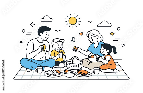 A family having a picnic in the park on a sunny day. Parents and children sitting on a blanket, sharing food and smiling together. The scene